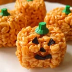 Orange pumpkin-shaped Rice Krispie treats with green candy stems arranged on white plate for Halloween