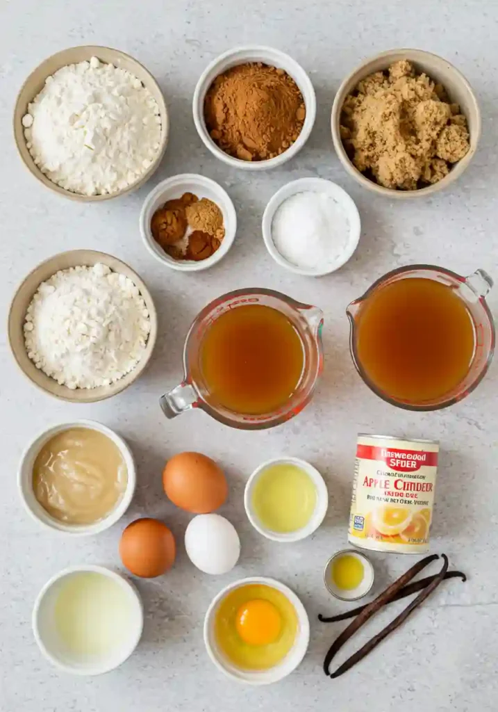Apple Cider Donut Cake Ingredients with Fresh Apple Cider