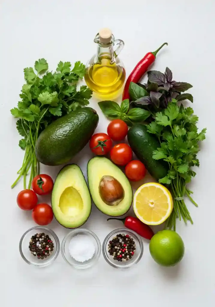 Fresh avocado, cucumber, cherry tomatoes, lime, herbs on a cutting board