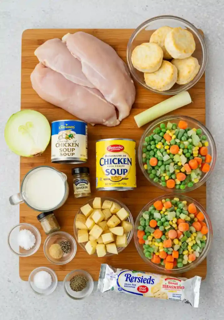 Raw ingredients for crock pot chicken pot pie laid out on a table