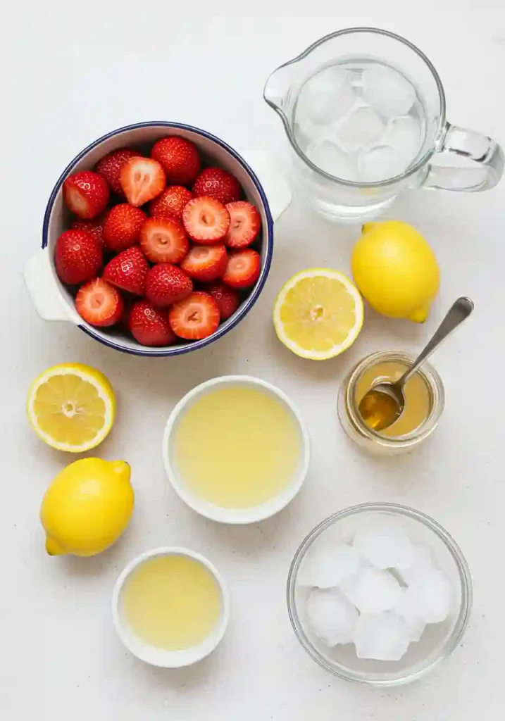 Fresh Strawberries, Lemons, Sugar, and Water for Lemonade