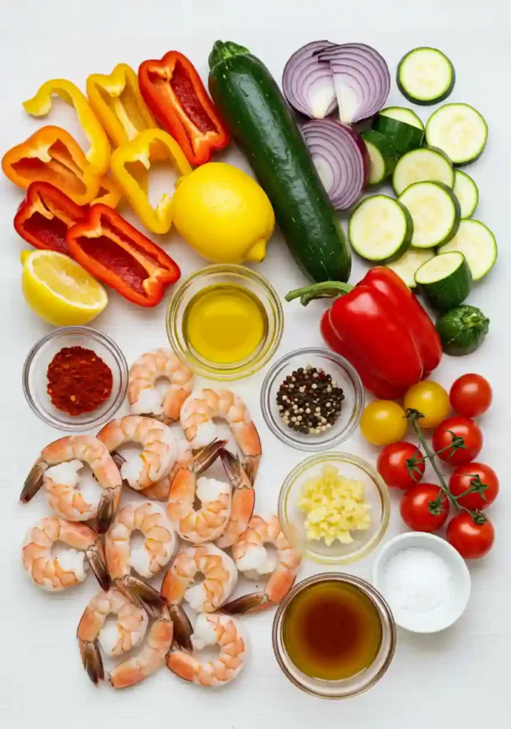 Fresh Shrimp, Marinade, and Veggies for Grilling