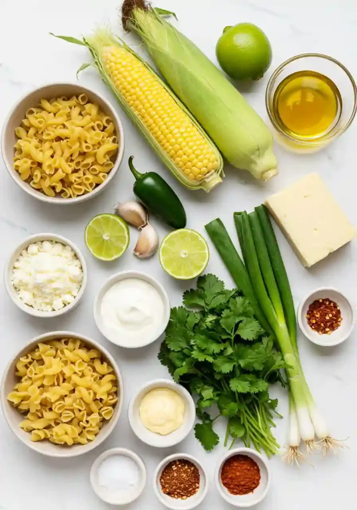 Flat lay of fresh ingredients including corn, pasta, sour cream, lime, jalapeño, and cilantro