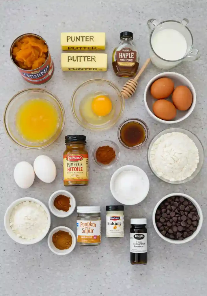 Bowls of ingredients for pumpkin chocolate chip muffins including pumpkin purée, flour, eggs, spices, and chocolate chips