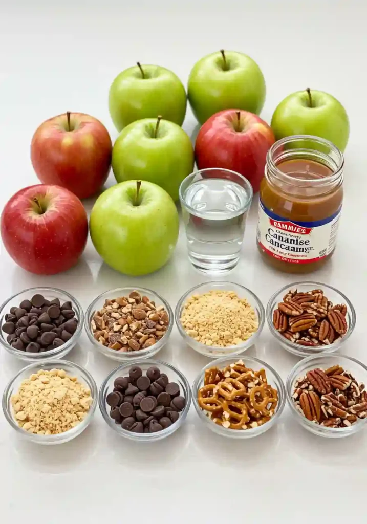 Apples, Caramel Sauce, and Dessert Toppings for Caramel Apple Bar