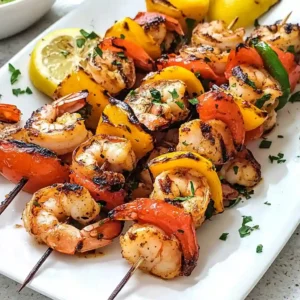 Plated Shrimp Kabobs with Fresh Garnish and Sauce