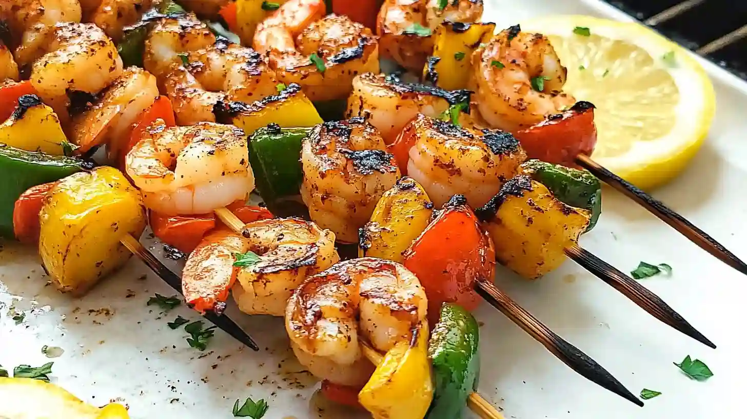 Grilled Shrimp Kabobs with Char Marks and Herbs