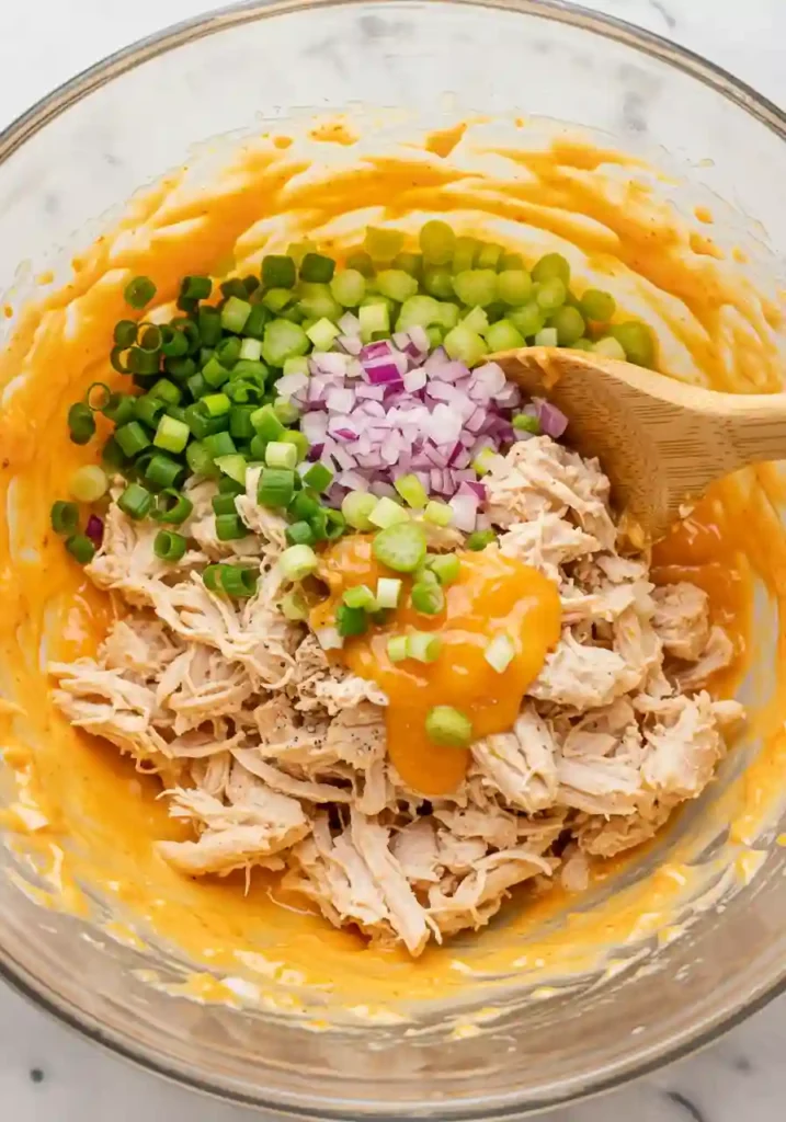 Hands whisking buffalo sauce, Greek yogurt, and mayonnaise together in a large glass mixing bowl to create creamy orange buffalo dressing for chicken salad