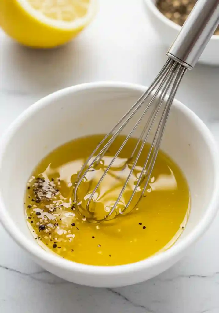 Hands whisking carrot salad dressing ingredients in small glass bowl with whisk