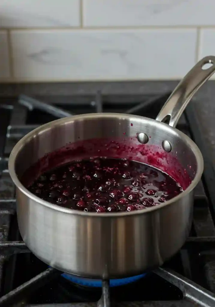 Homemade Blueberry Sauce Simmering for Cheesecake