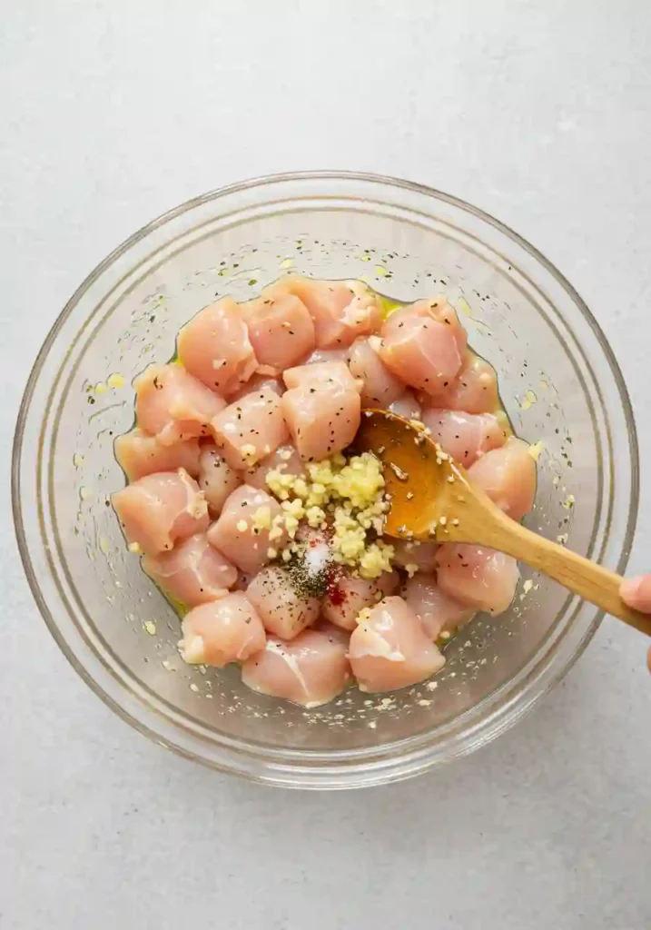 Chicken Cubes in Marinade Ready for Skewers
