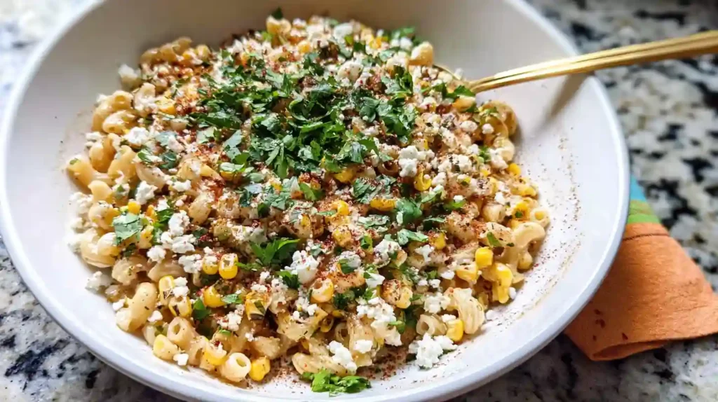 Overhead view of creamy Mexican street corn pasta salad in a bowl garnished with cotija and chili powder