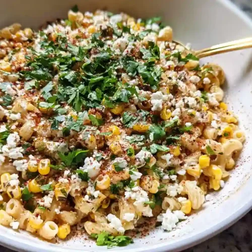 Overhead view of creamy Mexican street corn pasta salad in a bowl garnished with cotija and chili powder