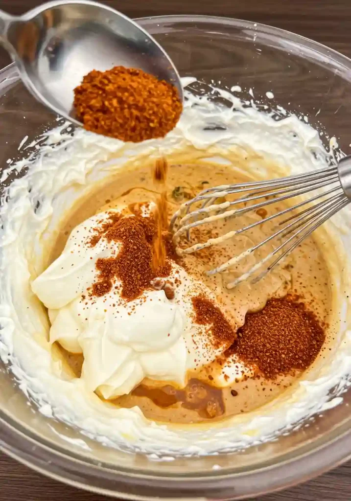 Bowl of sour cream, mayo, and seasoning being whisked for Frito corn salad