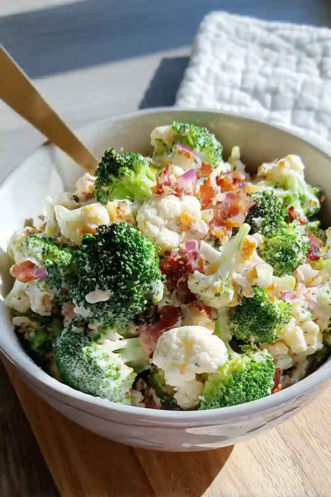 Tossing chopped broccoli, cauliflower, kale, and bacon with dressing