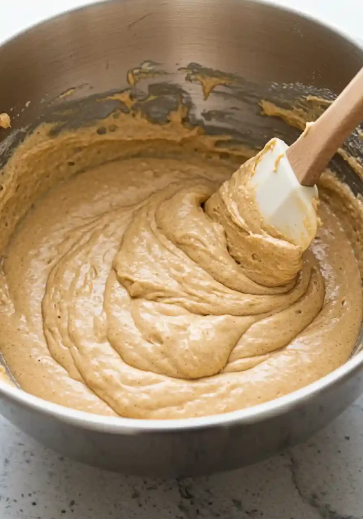 Hands mixing wet and dry ingredients together to create smooth pumpkin cupcake batter in large bowl