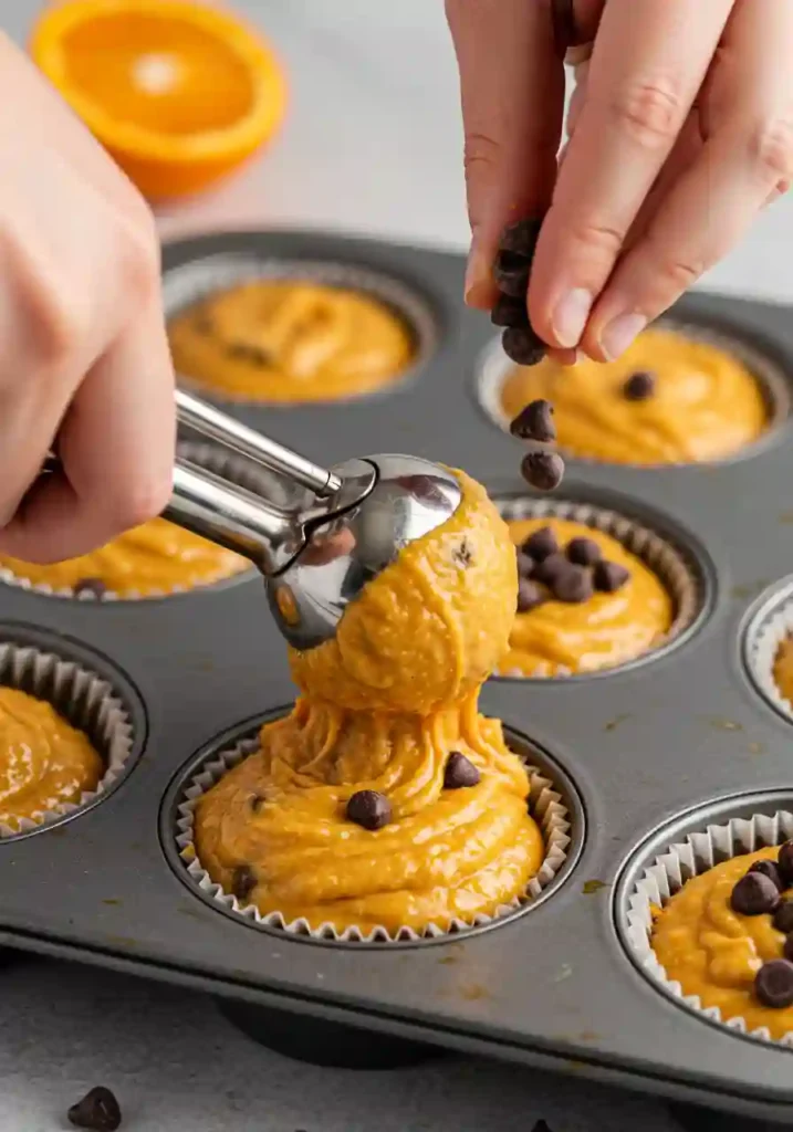 Mixing pumpkin purée, cake mix, and chocolate chips in a large bowl for muffin batter