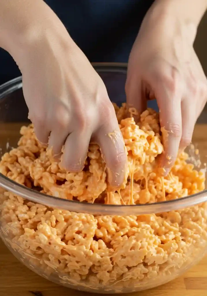 Hands stirring orange-colored Rice Krispies cereal mixture in large bowl with wooden spoon