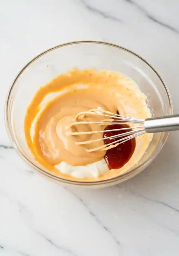 Bowl of bang bang sauce with mayo, chili sauce, and sriracha being whisked