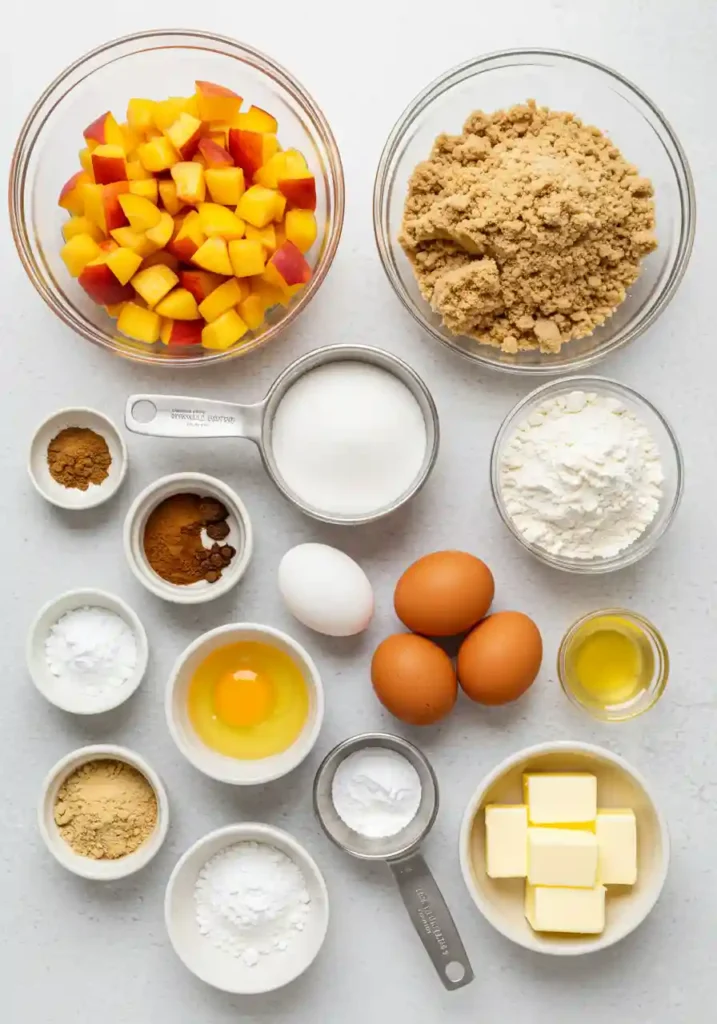 All ingredients for peach cobbler cookies laid out including fresh peaches, flour, butter, and spices
