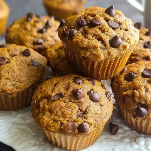 Freshly baked pumpkin chocolate chip muffins on a cooling rack
