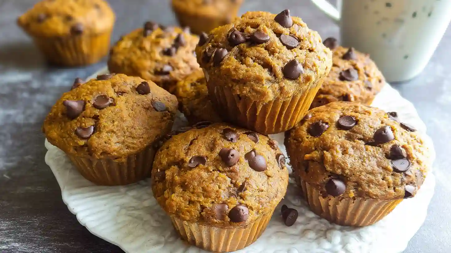 Freshly baked pumpkin chocolate chip muffins on a cooling rack
