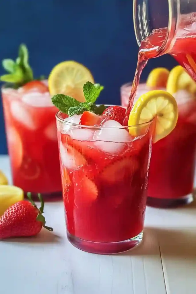 Strawberry Lemonade Being Served Over Ice in Glasses