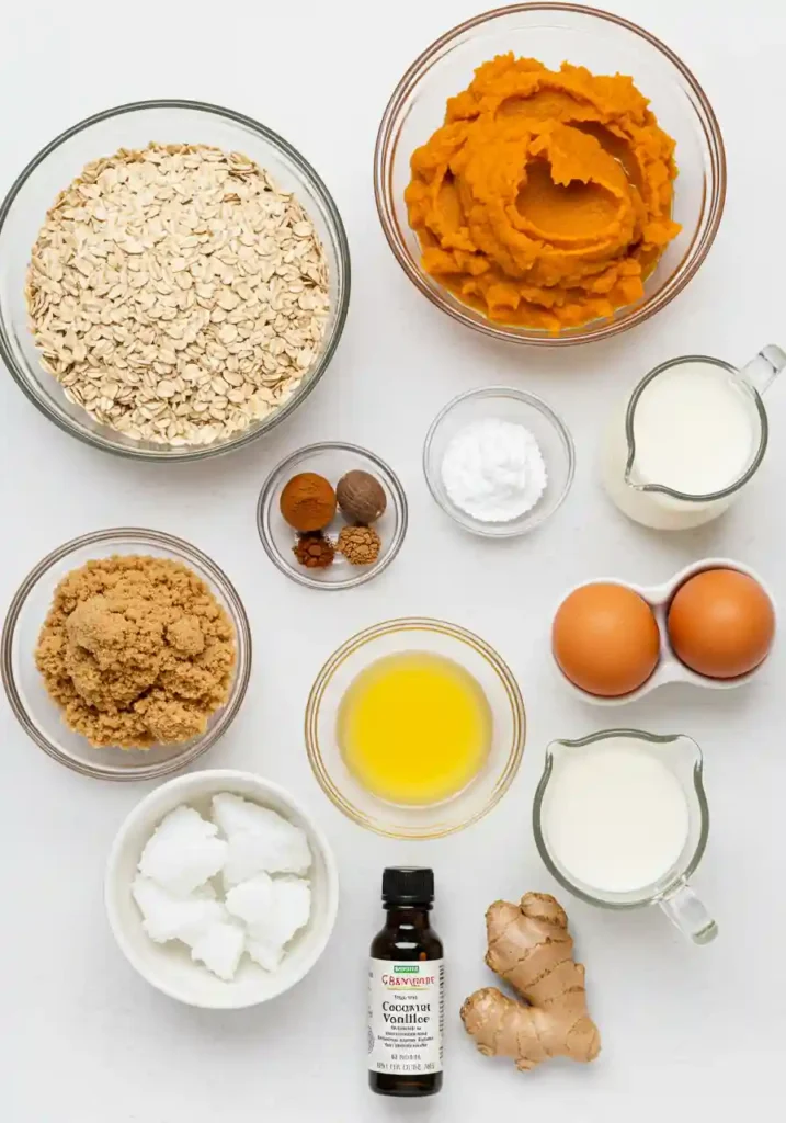 All ingredients for pumpkin baked oatmeal laid out including rolled oats, pumpkin puree, eggs, milk, spices, and brown sugar on marble countertop