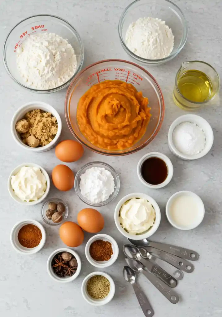 All ingredients for pumpkin pie cupcakes recipe including pumpkin puree, spices, flour, and cream cheese