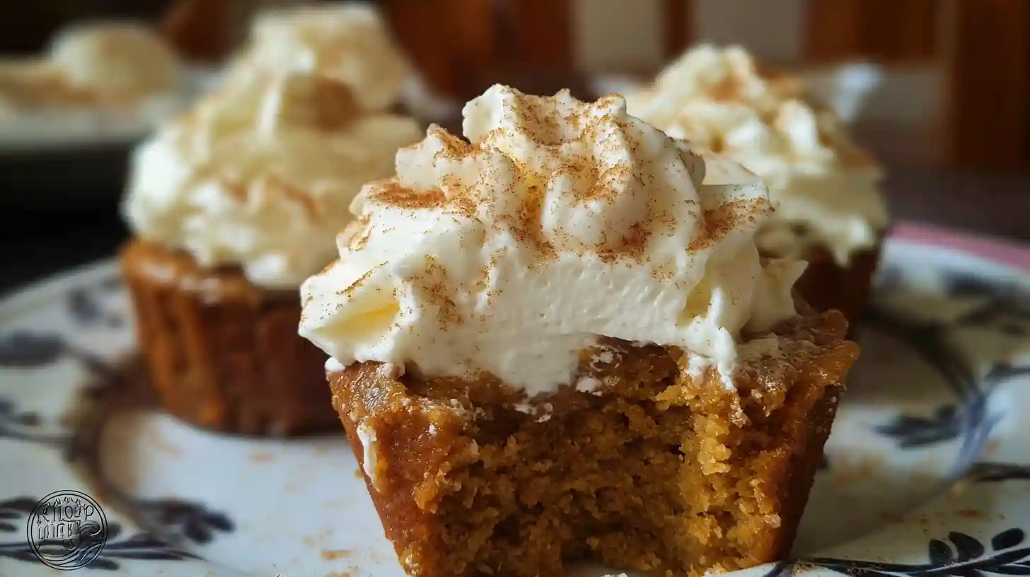 Delicious pumpkin pie cupcakes topped with whipped cream on white plate, perfect fall dessert