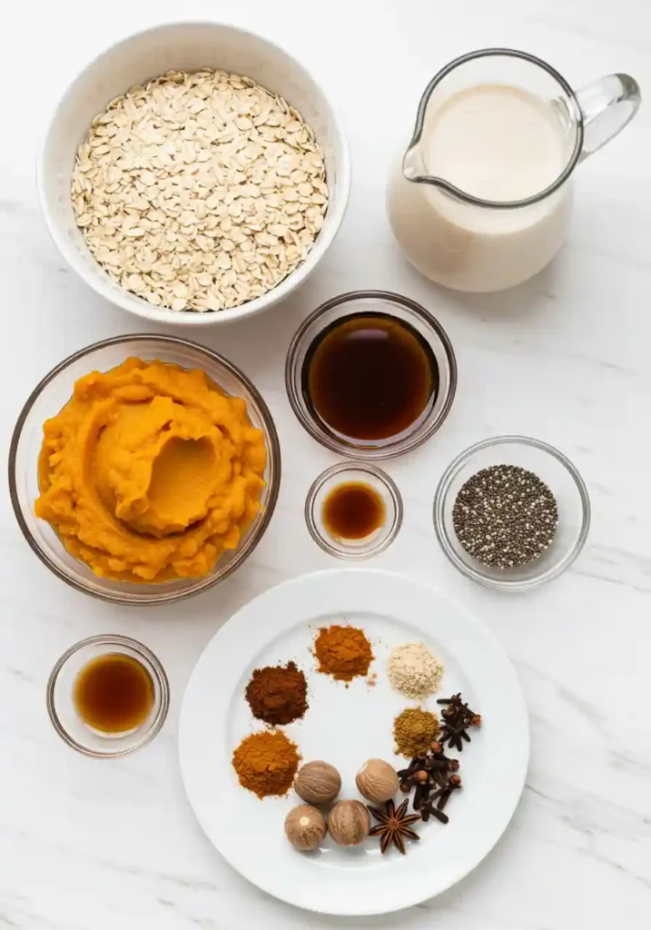 All ingredients for pumpkin pie overnight oats laid out including oats, pumpkin puree, milk, chia seeds, and spices