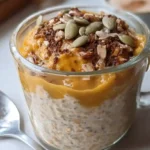 Creamy pumpkin pie overnight oats in a glass jar topped with pecans and cinnamon, ready to serve for breakfast