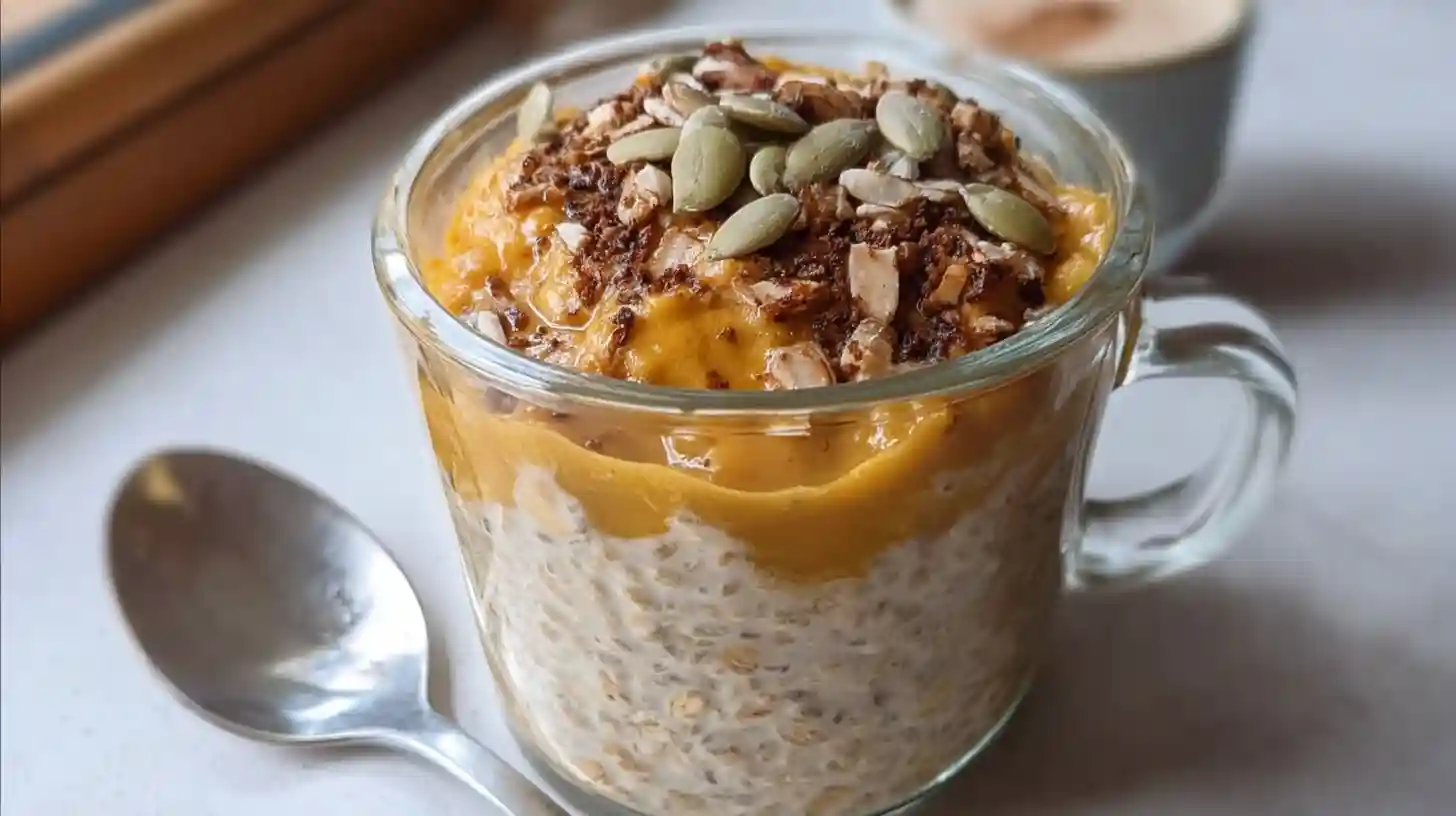 Creamy pumpkin pie overnight oats in a glass jar topped with pecans and cinnamon, ready to serve for breakfast