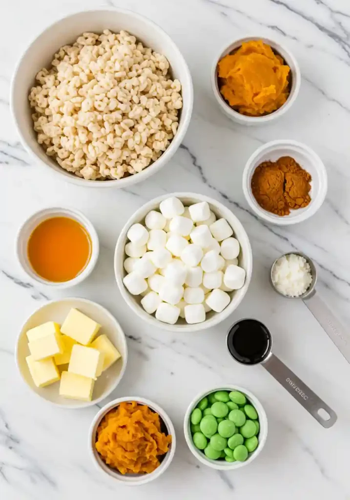 Rice Krispies cereal, mini marshmallows, butter, orange food coloring and green candy melts arranged on counter