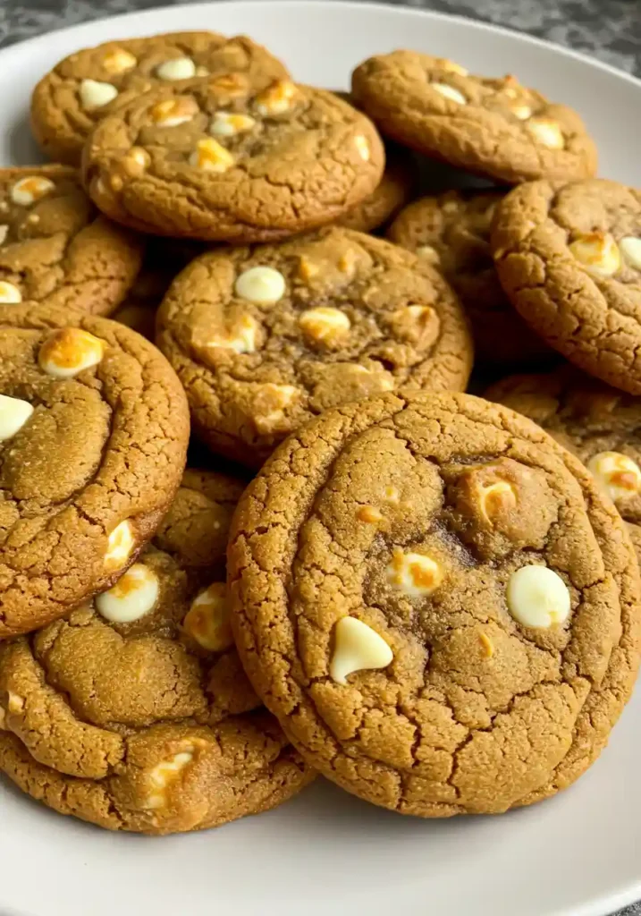 Freshly baked pumpkin white chocolate chip cookies cooling on wire cooling rack with visible white chocolate chips