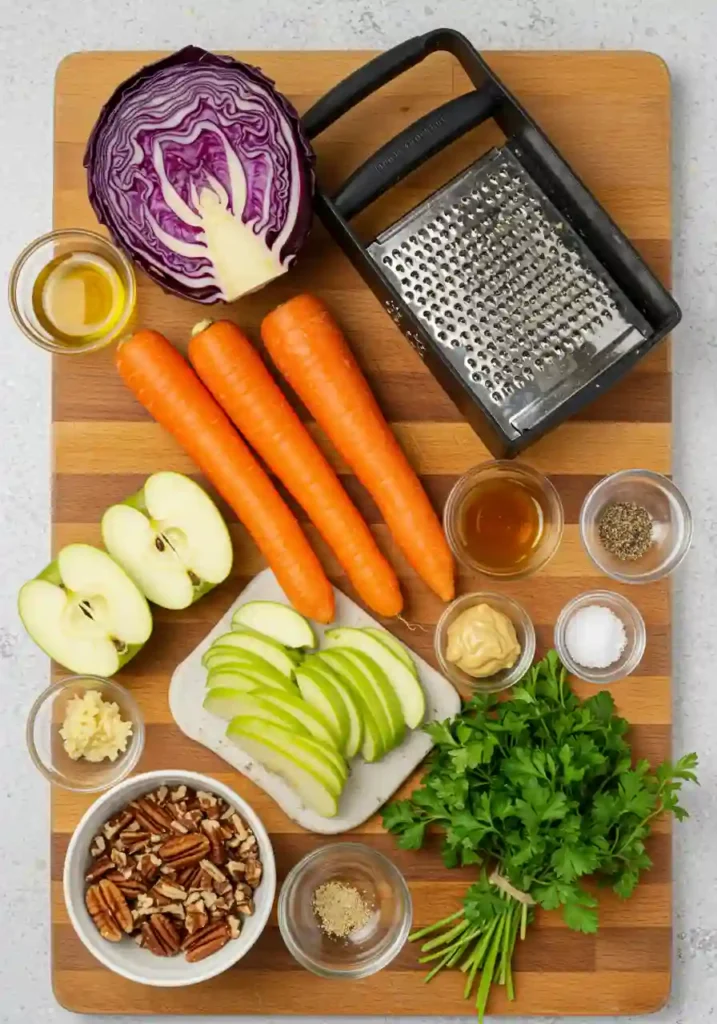 Red Cabbage Salad ingredients including fresh red cabbage head, carrots, apple, pecans, olive oil, and vinegar arranged on wooden cutting board