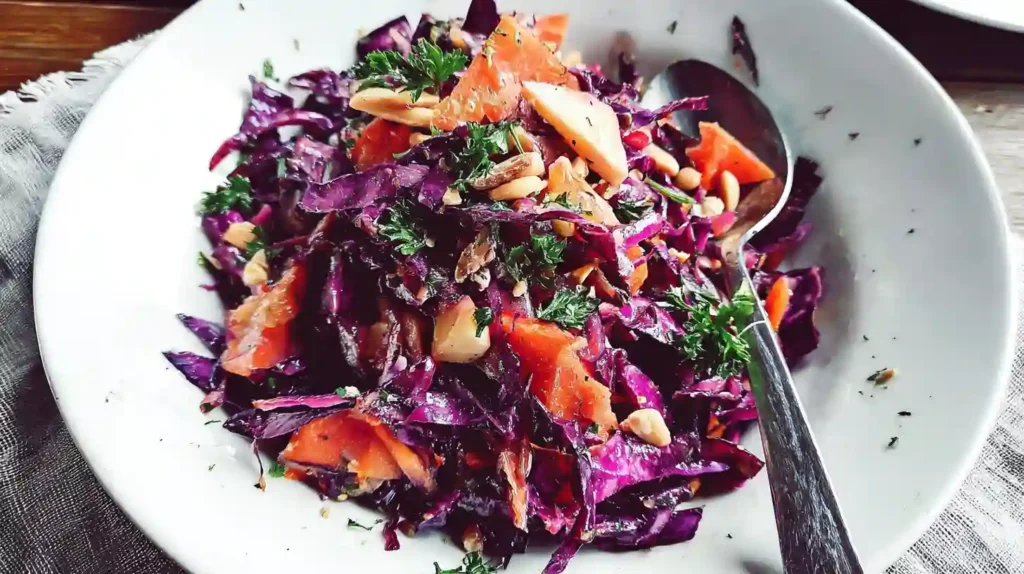 Red Cabbage Salad with shredded purple cabbage, carrots, apples and pecans in white serving bowl with wooden spoons