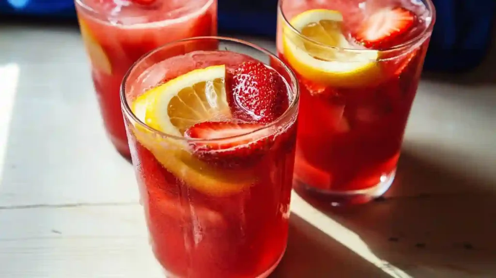 Glasses of Fresh Strawberry Lemonade with Ice and Mint