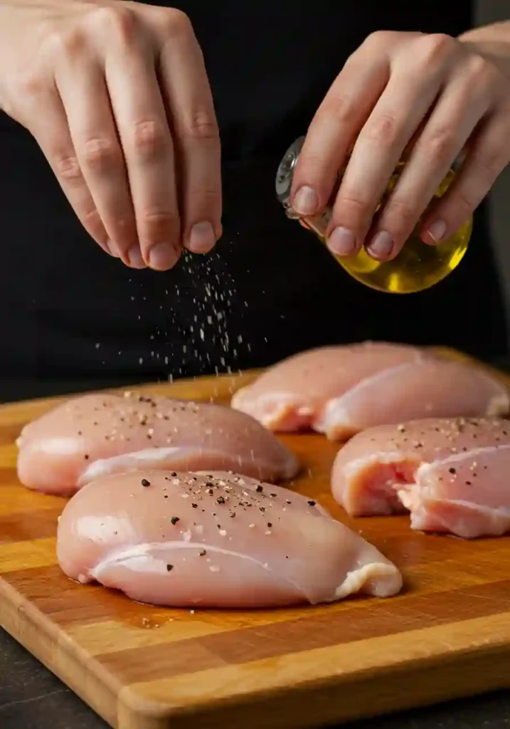 Raw chicken breasts being seasoned with salt, pepper, and olive oil