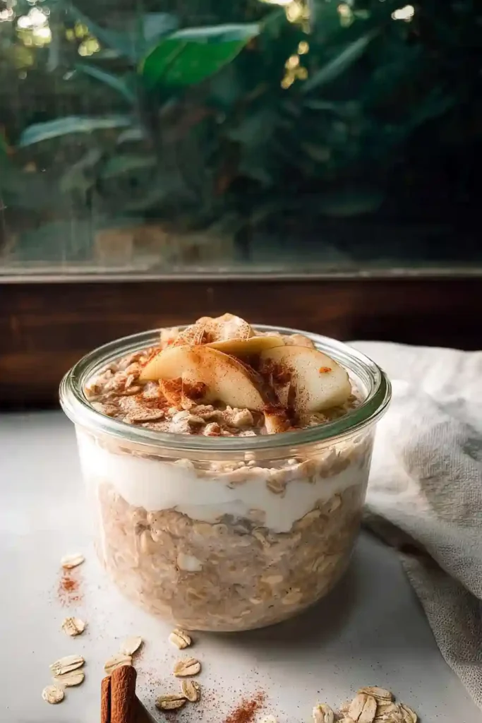 Person holding a spoon over apple pie overnight oats in mason jar, ready to eat with apple pieces and cinnamon visible
