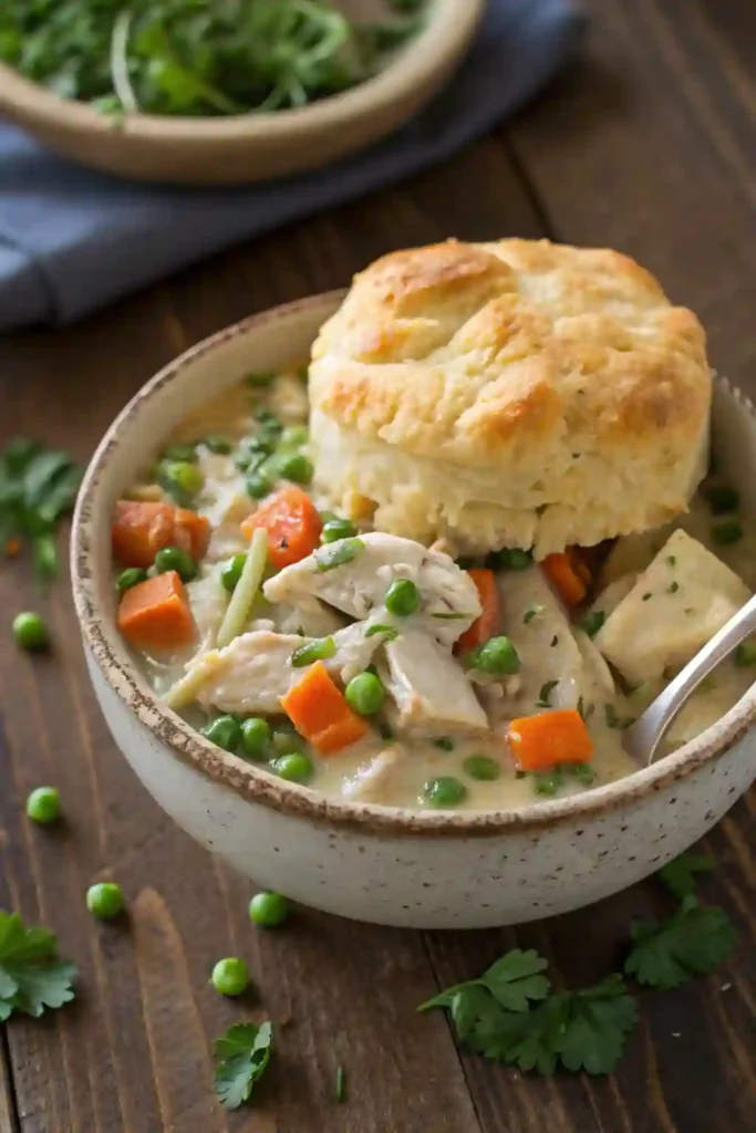 Chicken pot pie filling served in a bowl with baked biscuit on top