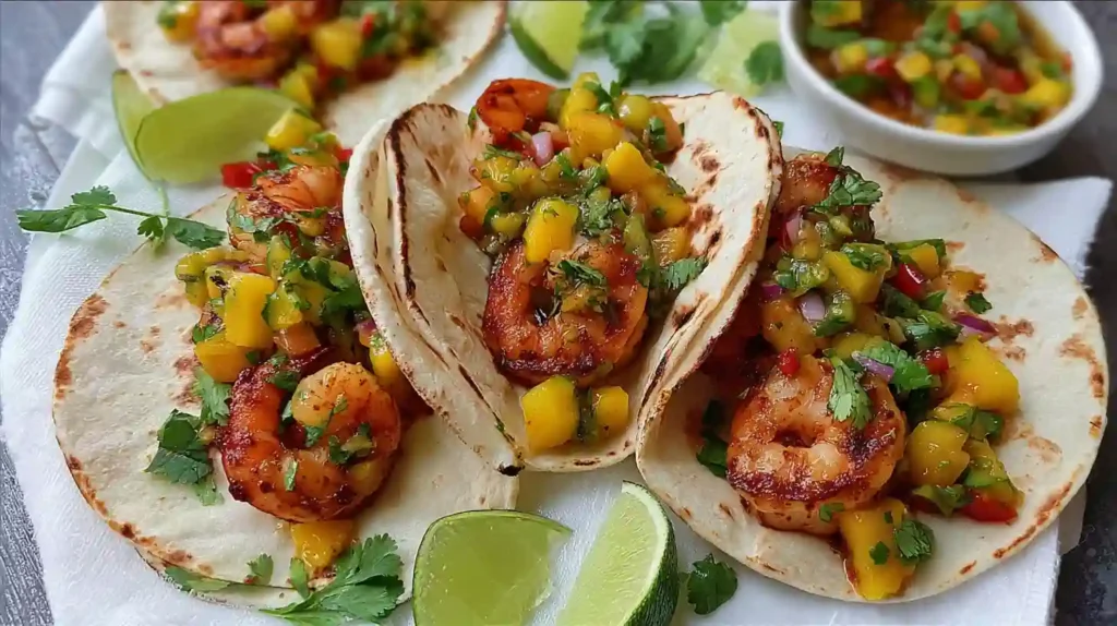 Plated shrimp tacos with mango salsa, garnished with lime and avocado