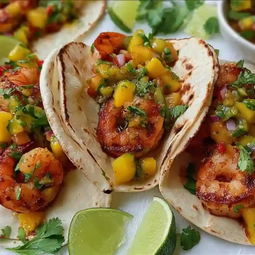 Plated shrimp tacos with mango salsa, garnished with lime and avocado