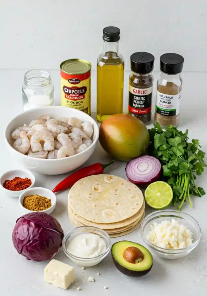 Overhead view of all ingredients for shrimp tacos and mango salsa