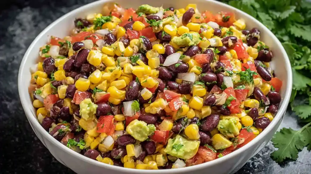 A colorful bowl of corn and black bean salad with lime wedges and cilantro