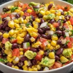 A colorful bowl of corn and black bean salad with lime wedges and cilantro