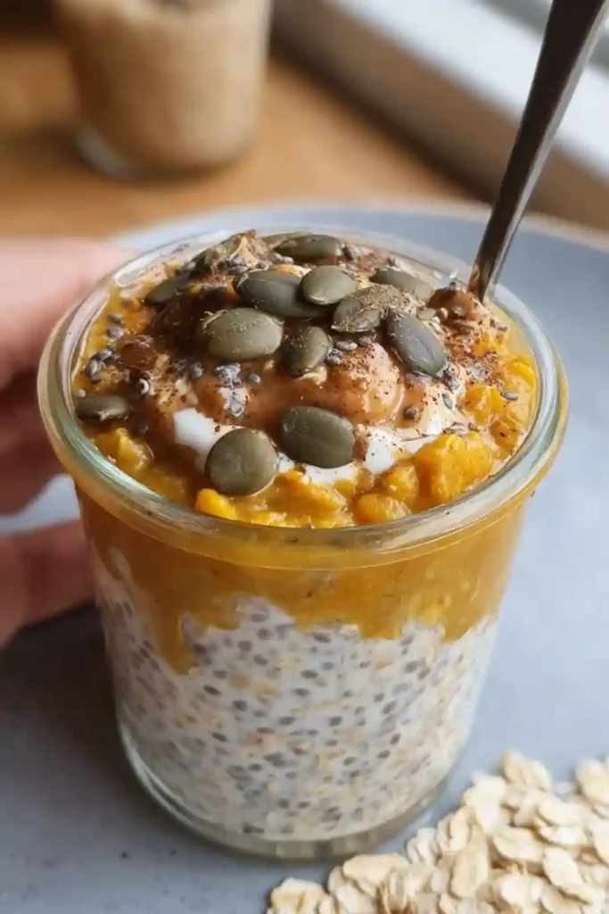 Spoon stirring creamy orange pumpkin pie overnight oats in a mason jar, ready to eat after refrigeration