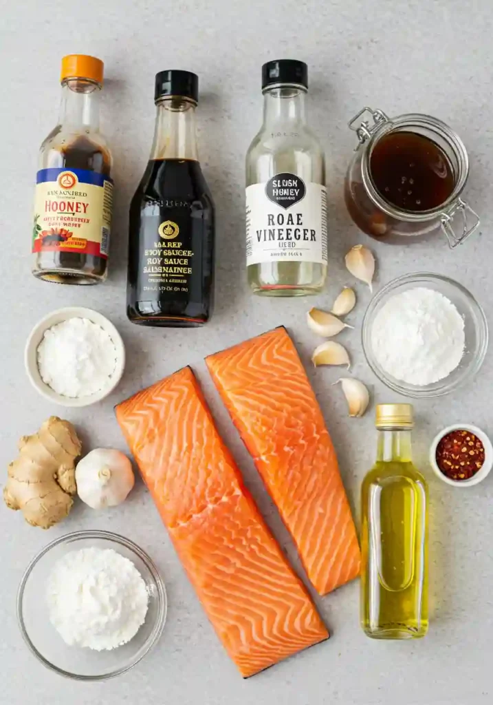 Raw salmon fillets, soy sauce, honey, garlic, ginger, and other teriyaki glaze ingredients