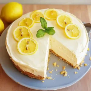 No Bake Lemon Cheesecake Topped with Whipped Cream and Lemon Slices
