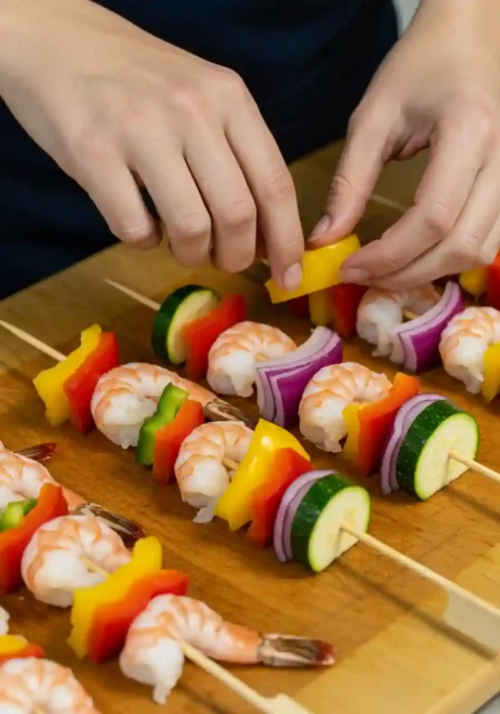 Shrimp and Vegetables on Skewers Ready for Grilling